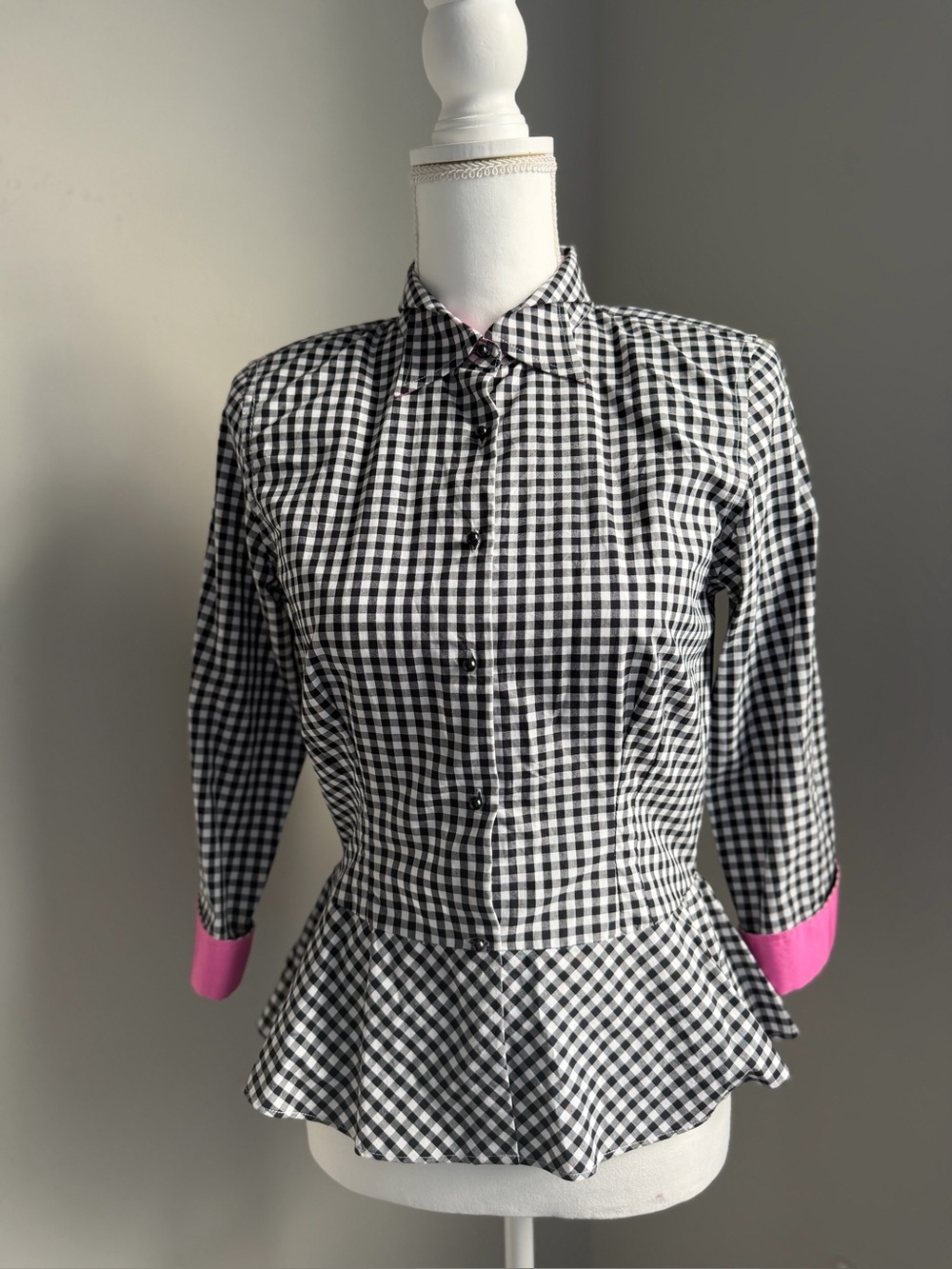 Ralph Lauren Black & White Gingham Peplum Button-Down with Pink Cuffs
